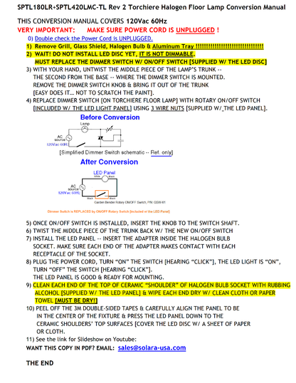 8" Diameter, 5400-Lumen LED Disc for Conversion from Halogen-Bulb Torchiere Floor Lamp, P/N: SPTL180LR+420LMC-TL-COLOR