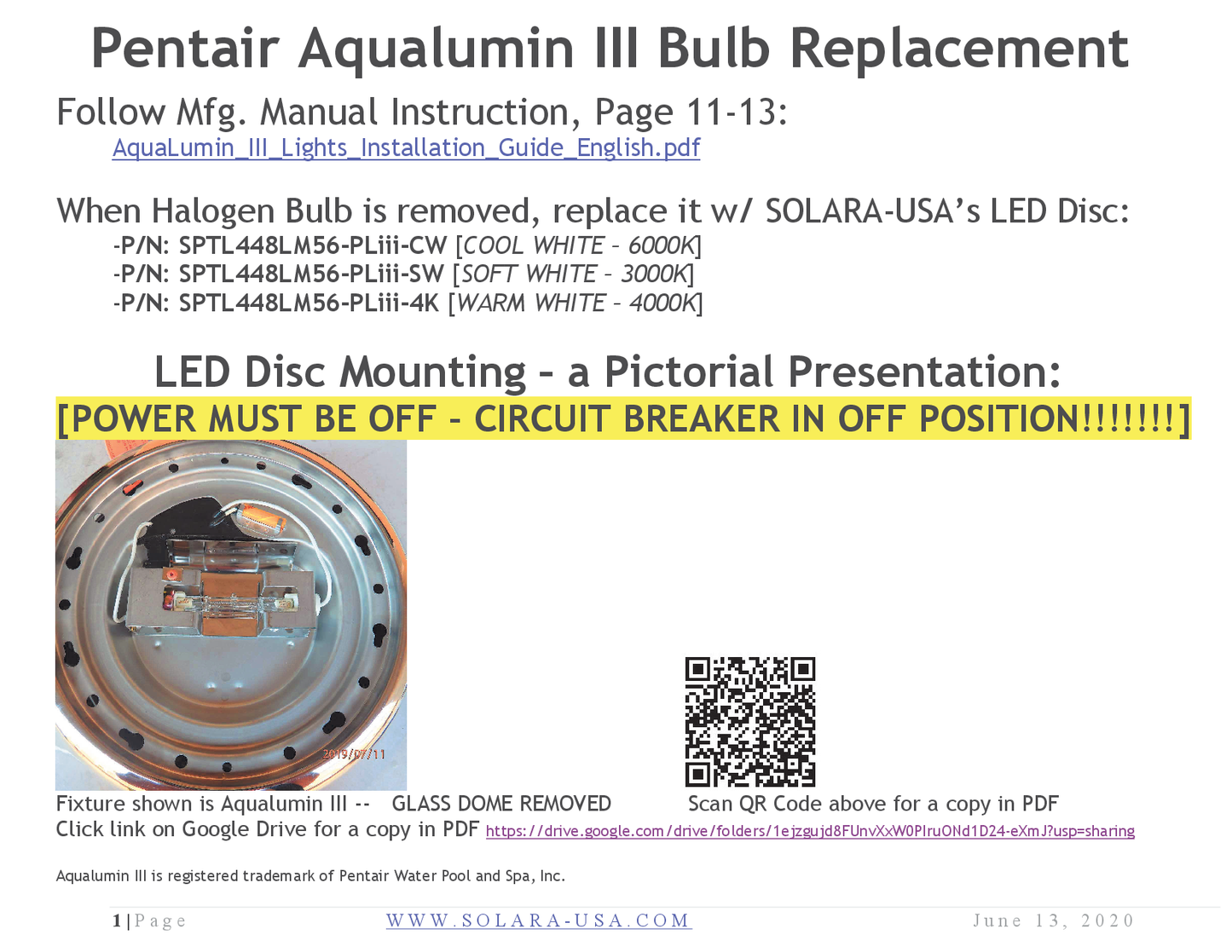 4200lm LED Kits for Halogen Bulb Replacement for Aqualumin III Fixture, P/N: SPTL448LM56-PLIII-COLOR