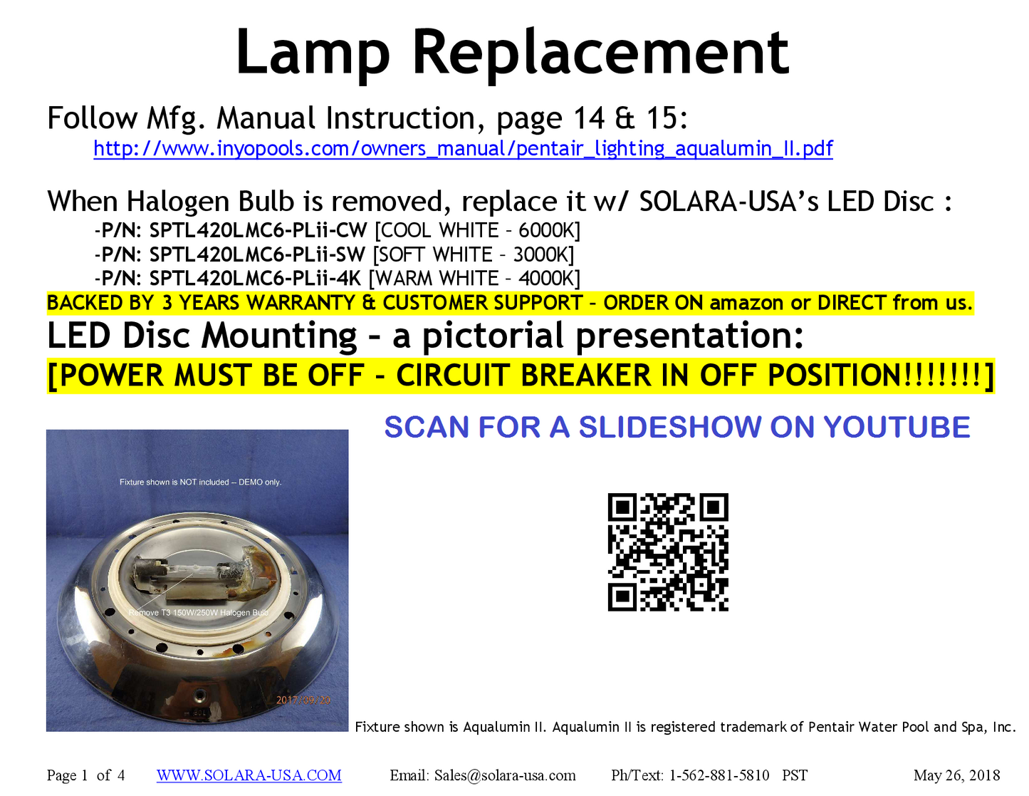 4000lm LED Kits for Halogen Bulb Replacement for Aqualumin II Fixture, P/N: SPTL420LM6-PLII-COLOR