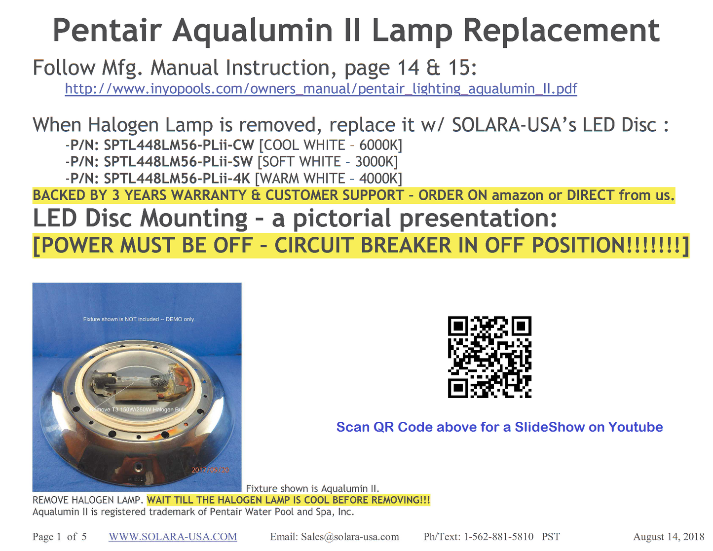 4200lm LED Kits for Halogen Bulb Replacement for Aqualumin II Fixture, P/N: SPTL448LM56-PLII-COLOR