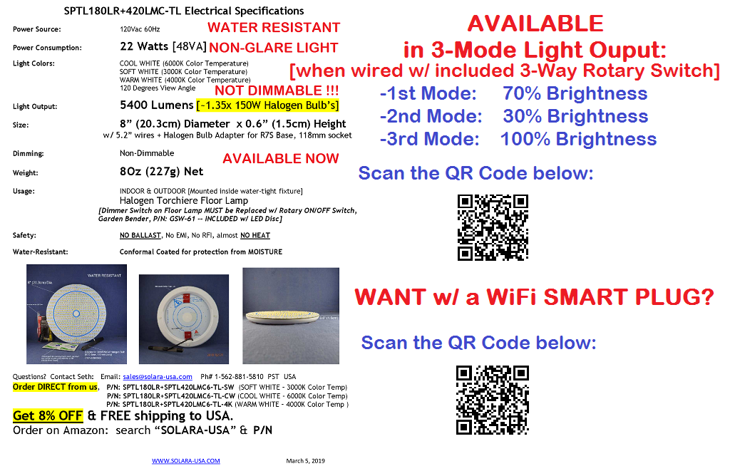 8" Diameter, 5400-Lumen LED Disc for Conversion from Halogen-Bulb Torchiere Floor Lamp, P/N: SPTL180LR+420LMC-TL-COLOR
