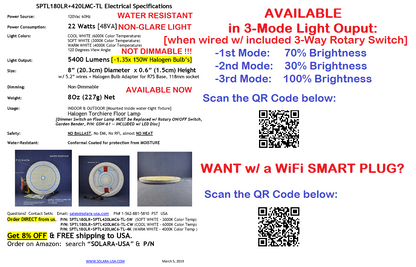 8" Diameter, 5400-Lumen LED Disc for Conversion from Halogen-Bulb Torchiere Floor Lamp, P/N: SPTL180LR+420LMC-TL-COLOR