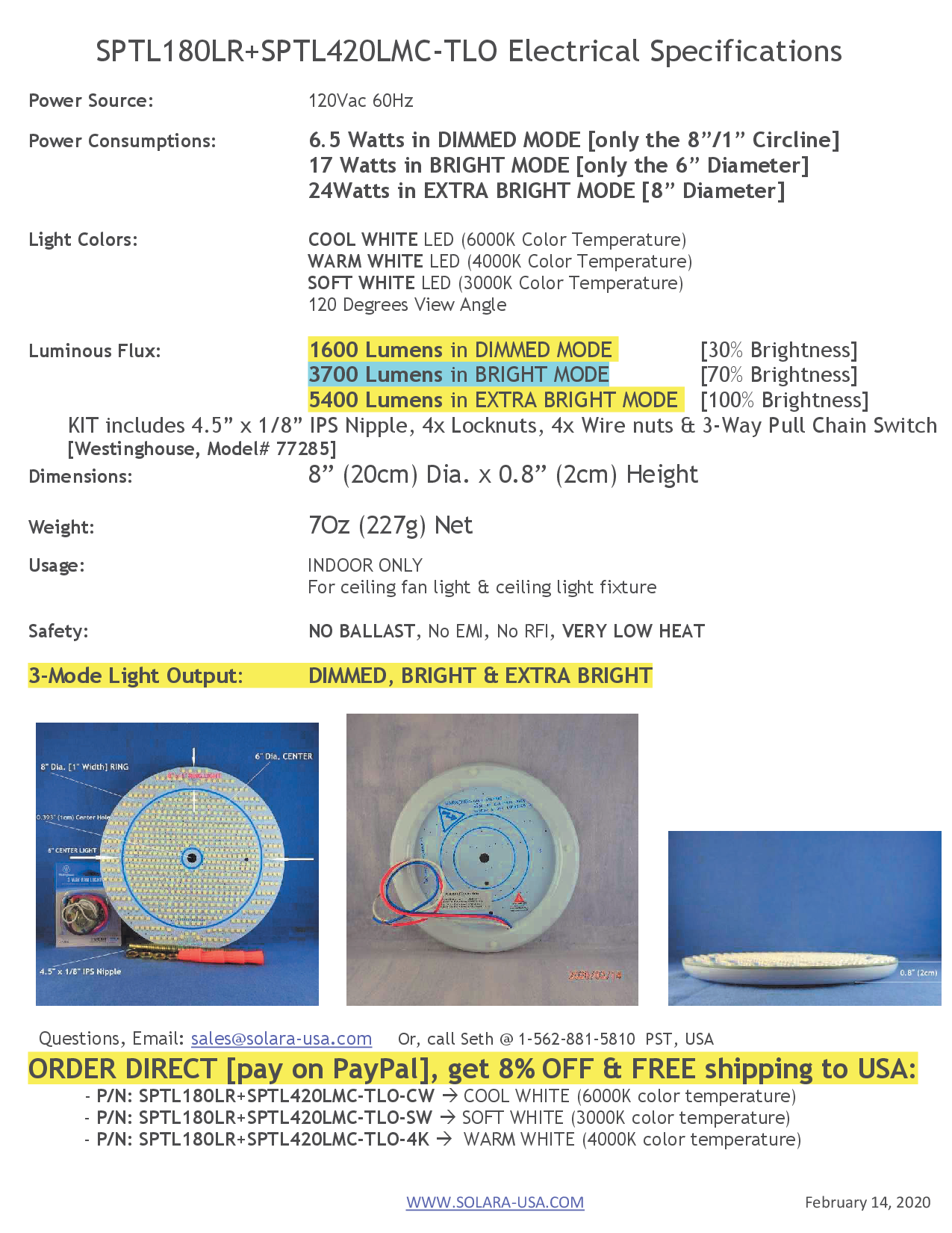 8" Diameter 5400-lumen Triple Light Output LED Circular Light for Ceiling Light & Ceiling Fan Light, P/N: SPTL180LR+LMC420LMC-TLO-COLOR