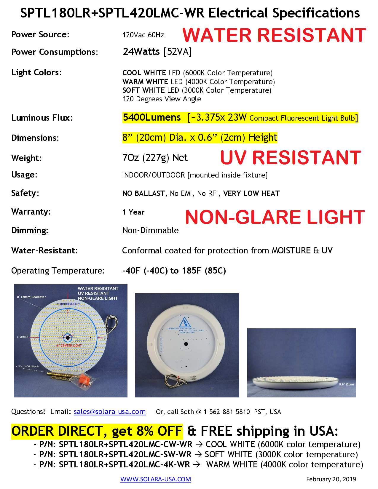 8" Diameter 5400-lumen LED Circular Light for Ceiling Light & Ceiling Fan Light, P/N: SPTL180LR+LMC420LMC-COLOR
