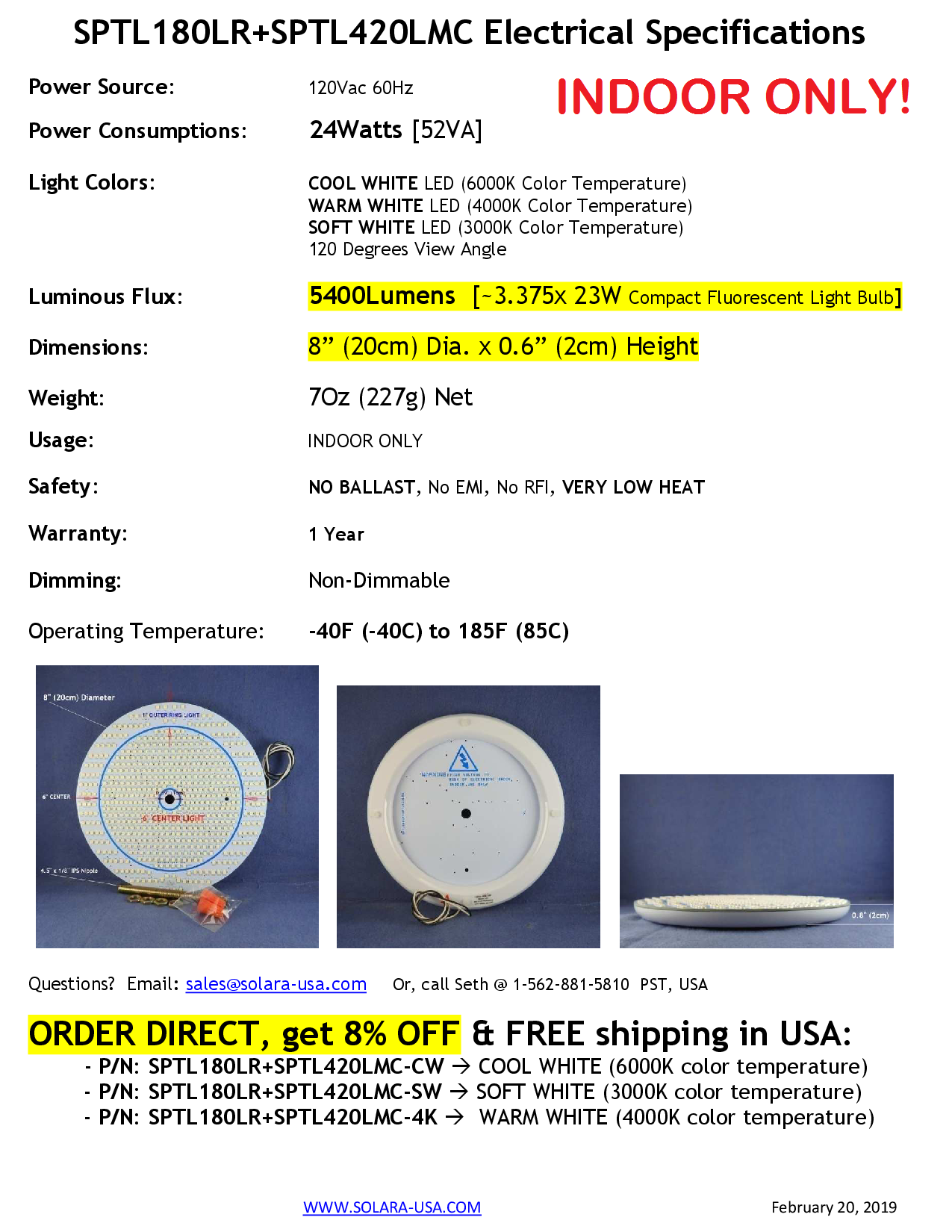 8" Diameter 5400-lumen LED Circular Light for Ceiling Light & Ceiling Fan Light, P/N: SPTL180LR+LMC420LMC-COLOR