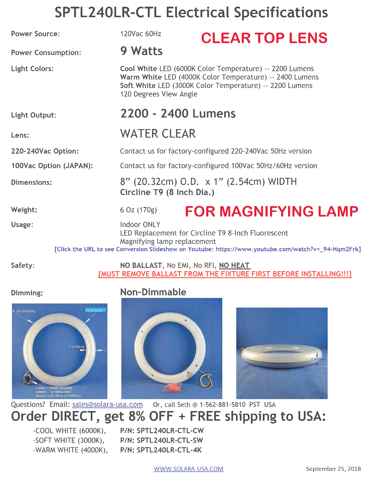 Our BRIGHTEST 8" LED Circlines Replacement for Fluorescent Desk Lamps, P/N: SPTL-240LR-COLOR