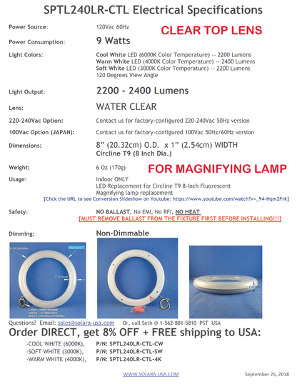 Our BRIGHTEST 8" LED Circlines Replacement for Fluorescent Desk Lamps, P/N: SPTL-240LR-COLOR