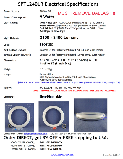 Our BRIGHTEST 8" LED Circlines Replacement for Fluorescent Desk Lamps, P/N: SPTL-240LR-COLOR