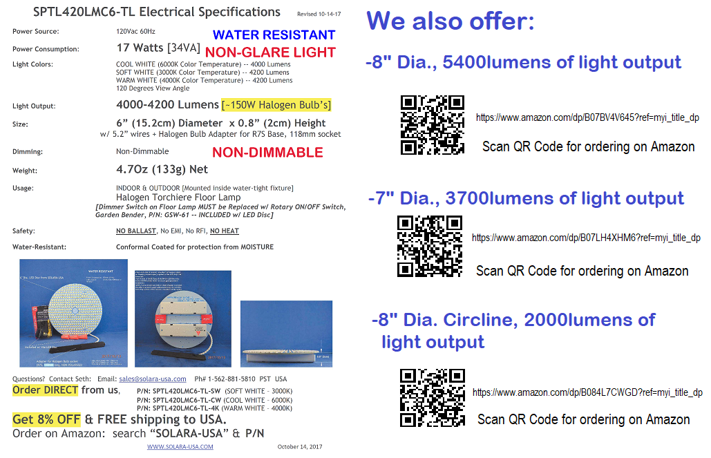 6" Diameter, 4000-Lumen LED Disc for Conversion from Halogen-Bulb Torchiere Floor Lamp, P/N: SPTL-420LMC6-TL-COLOR