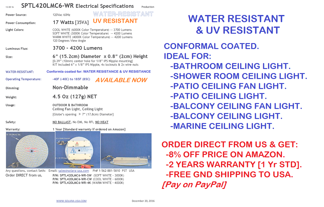 6" Diameter 4000-lumen LED Circular Light for Ceiling Light & Ceiling Fan Light, P/N: SPTL420LMC6-COLOR
