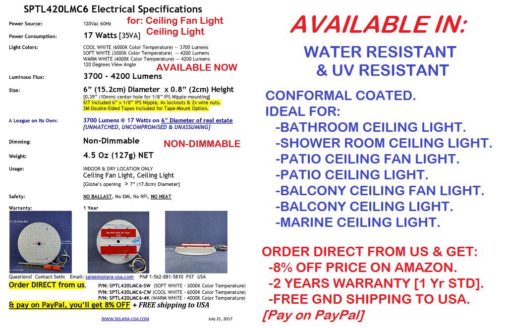 6" Diameter 4000-lumen LED Circular Light for Ceiling Light & Ceiling Fan Light, P/N: SPTL420LMC6-COLOR