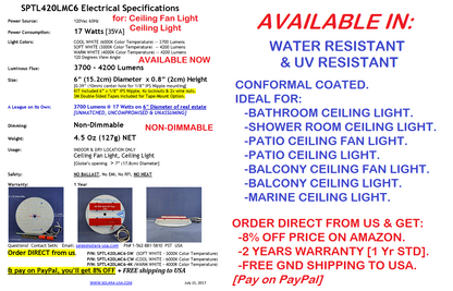 6" Diameter 4000-lumen LED Circular Light for Ceiling Light & Ceiling Fan Light, P/N: SPTL420LMC6-COLOR