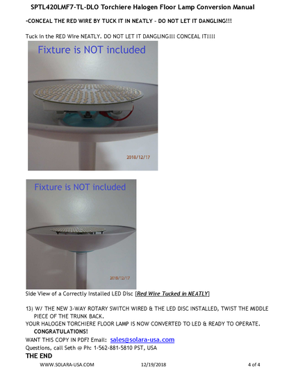 7" Diameter, 4000-Lumen, Double Light Output LED Disc for Conversion from Halogen-Bulb Torchiere Floor Lamp, P/N: SPTL-420LMF7-DLO-TL-COLOR