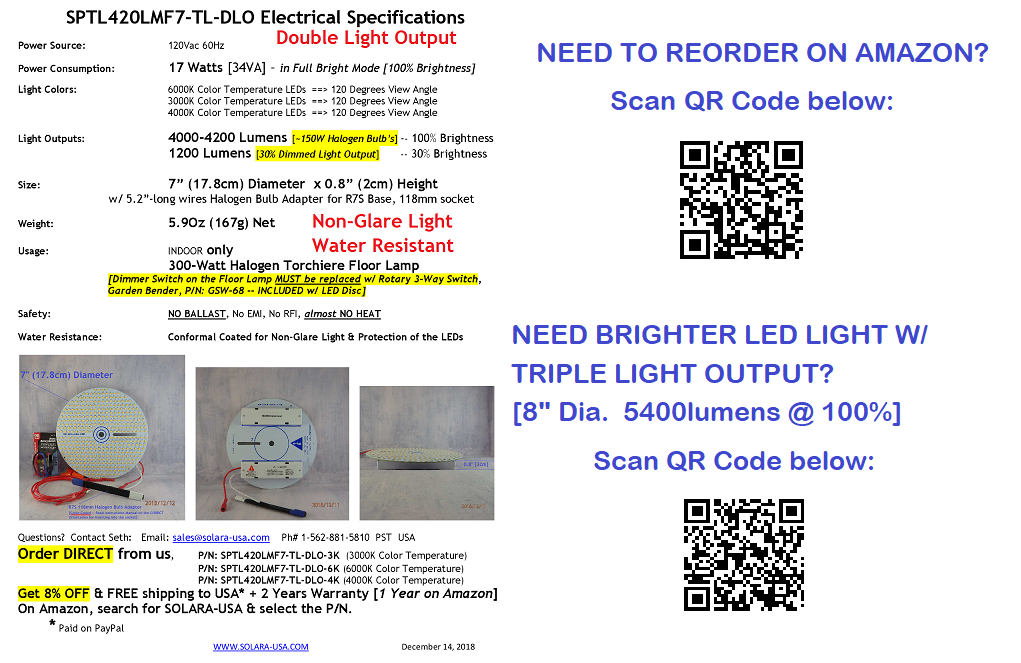 7" Diameter, 4000-Lumen, Double Light Output LED Disc for Conversion from Halogen-Bulb Torchiere Floor Lamp, P/N: SPTL-420LMF7-DLO-TL-COLOR