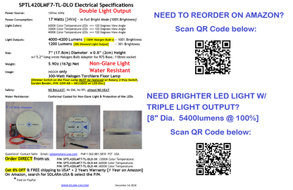 7" Diameter, 4000-Lumen, Double Light Output LED Disc for Conversion from Halogen-Bulb Torchiere Floor Lamp, P/N: SPTL-420LMF7-DLO-TL-COLOR