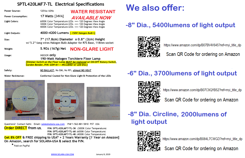 7" Diameter, 4000-Lumen LED Disc for Conversion from Halogen-Bulb Torchiere Floor Lamp, P/N: SPTL-420LMF7-TL-COLOR