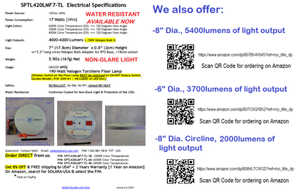 7" Diameter, 4000-Lumen LED Disc for Conversion from Halogen-Bulb Torchiere Floor Lamp, P/N: SPTL-420LMF7-TL-COLOR
