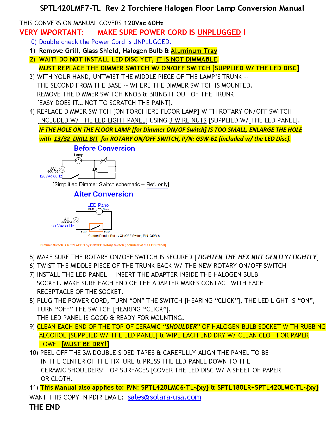 7" Diameter, 4000-Lumen LED Disc for Conversion from Halogen-Bulb Torchiere Floor Lamp, P/N: SPTL-420LMF7-TL-COLOR