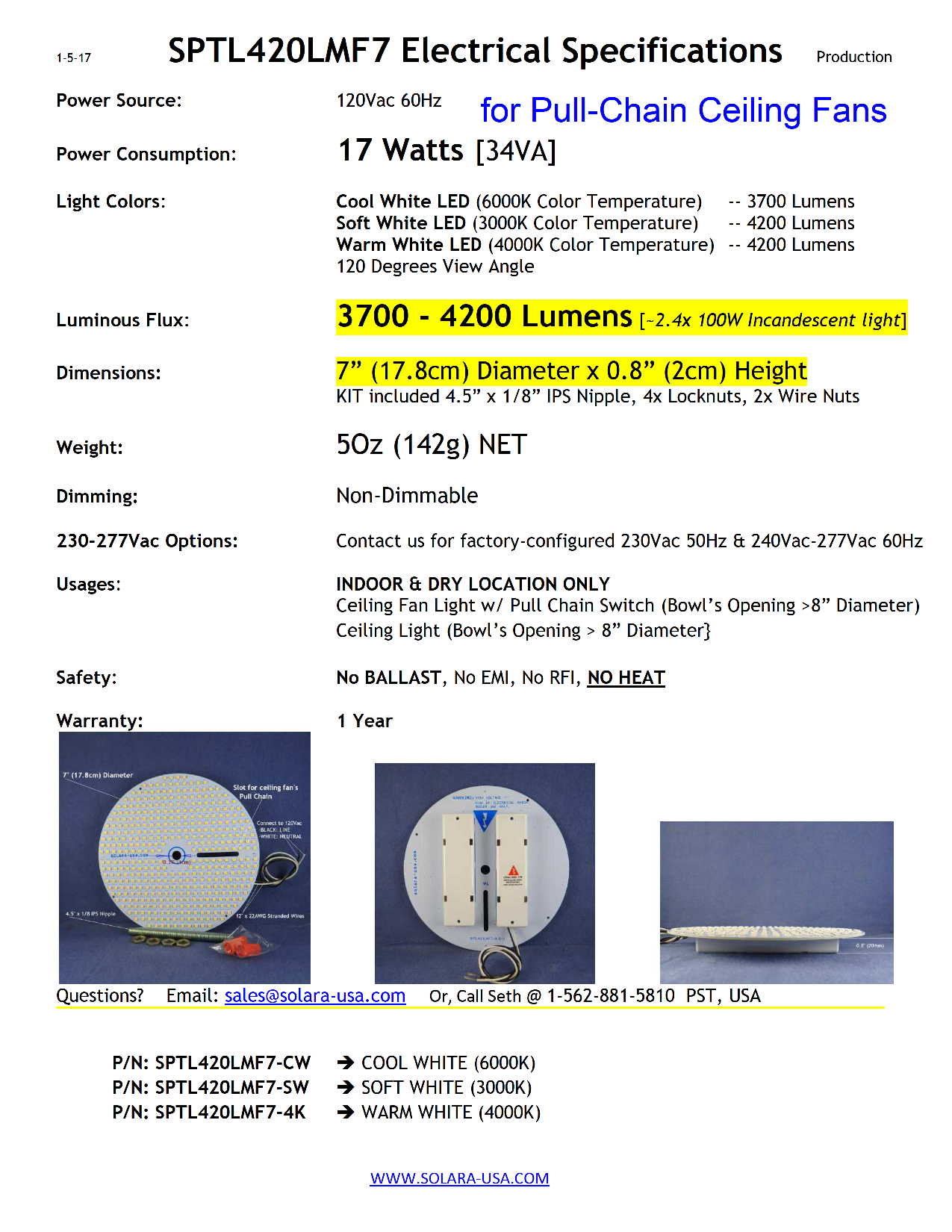 7" Diameter 4000-lumen LED Circular Light for Ceiling Light & Ceiling Fan Light, P/N: SPTL420LMF7-COLOR
