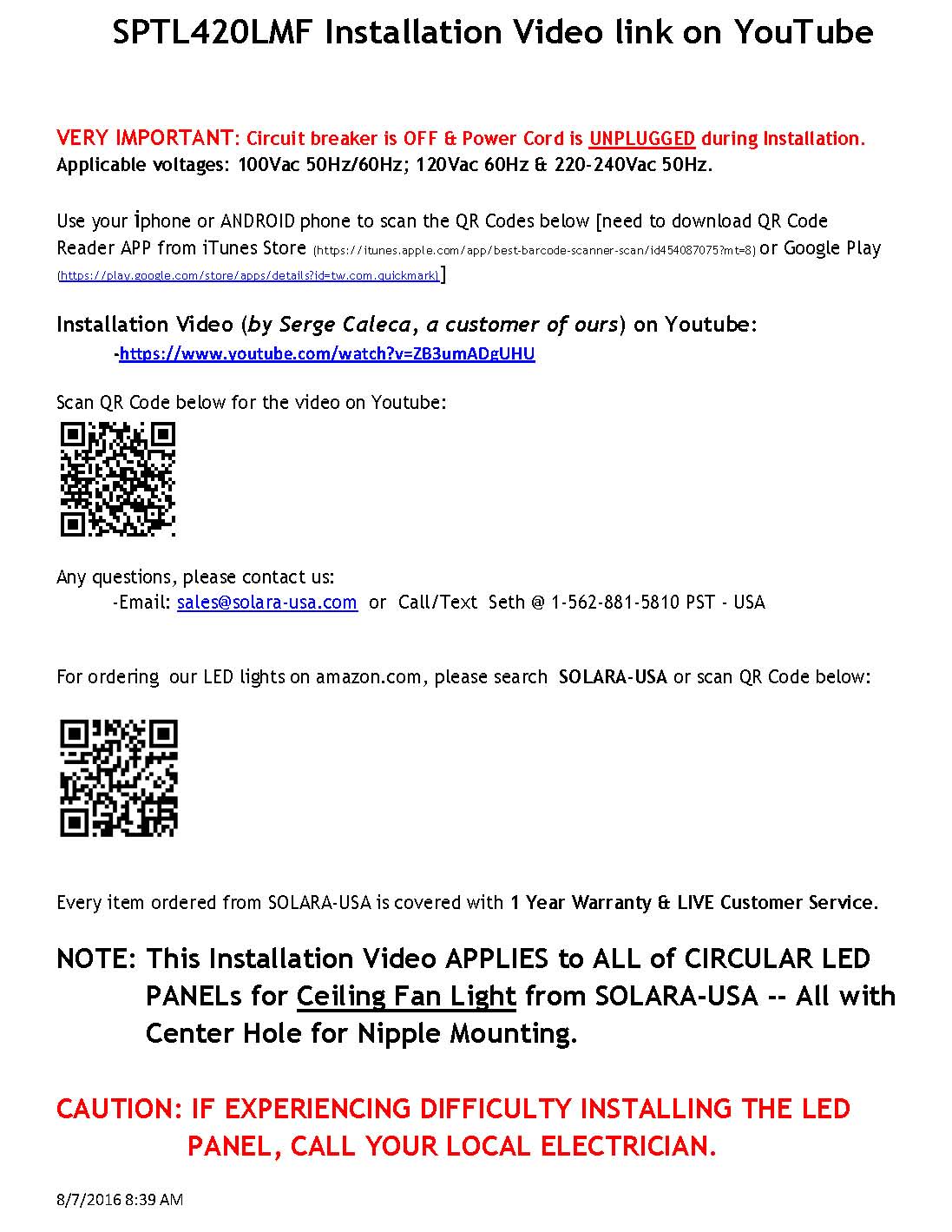 8" Diameter 5400-lumen LED Circular Light for Ceiling Light & Ceiling Fan Light, P/N: SPTL180LR+LMC420LMC-COLOR