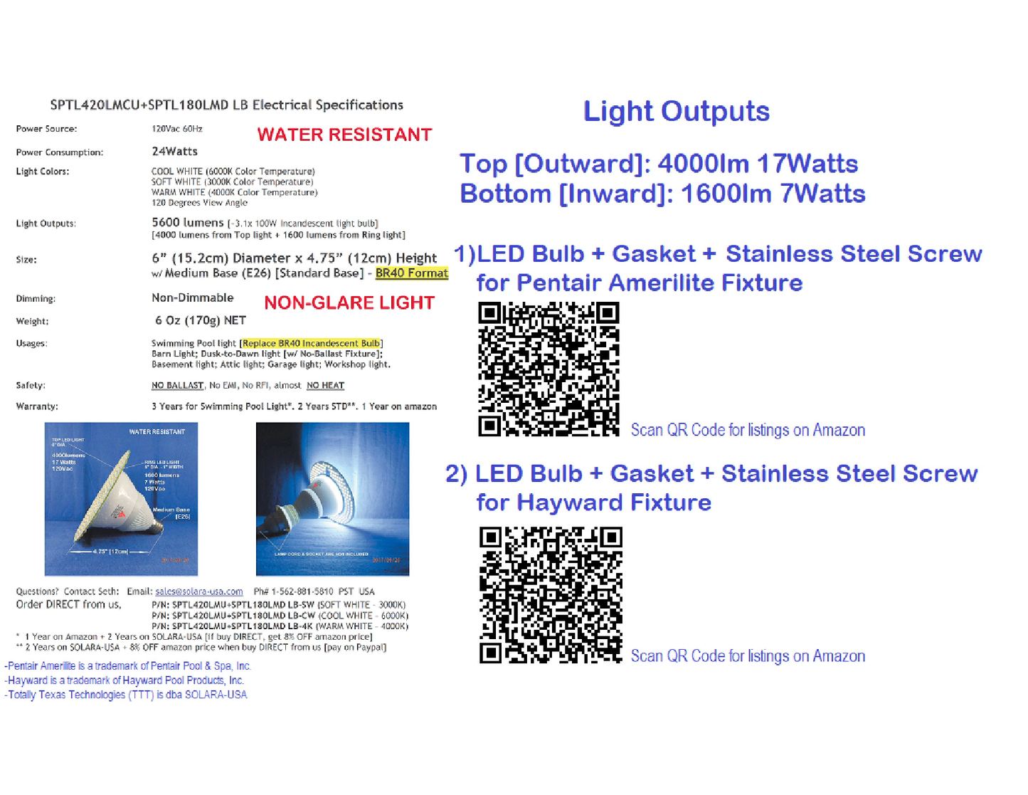 5600lm LED Bulb Replacement for BR40 Incandescent Bulb Pool Light for Hayward, Pentair Fixtures, P/N: SPTL420LMU+SPTL180LMD-LB-COLOR