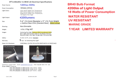 4200lm LED Bulb Replacement for BR40 Incandescent Bulb Pool Light for Hayward, Pentair Fixtures, P/N: SPTL448LM56-1A BR40 LB - COLOR