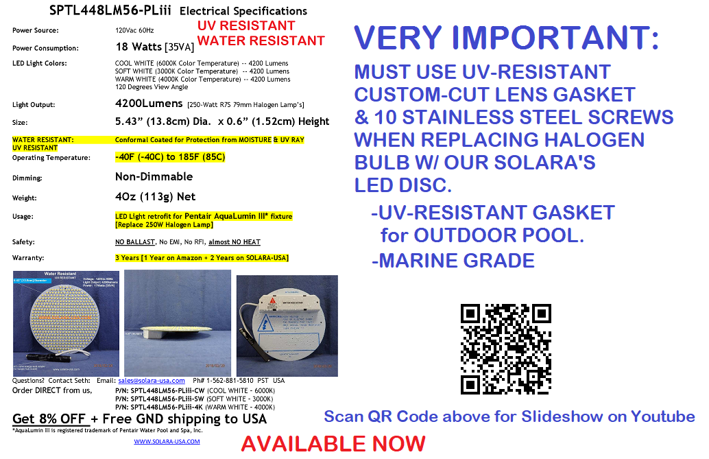 4200lm LED Kits for Halogen Bulb Replacement for Aqualumin III Fixture, P/N: SPTL448LM56-PLIII-COLOR