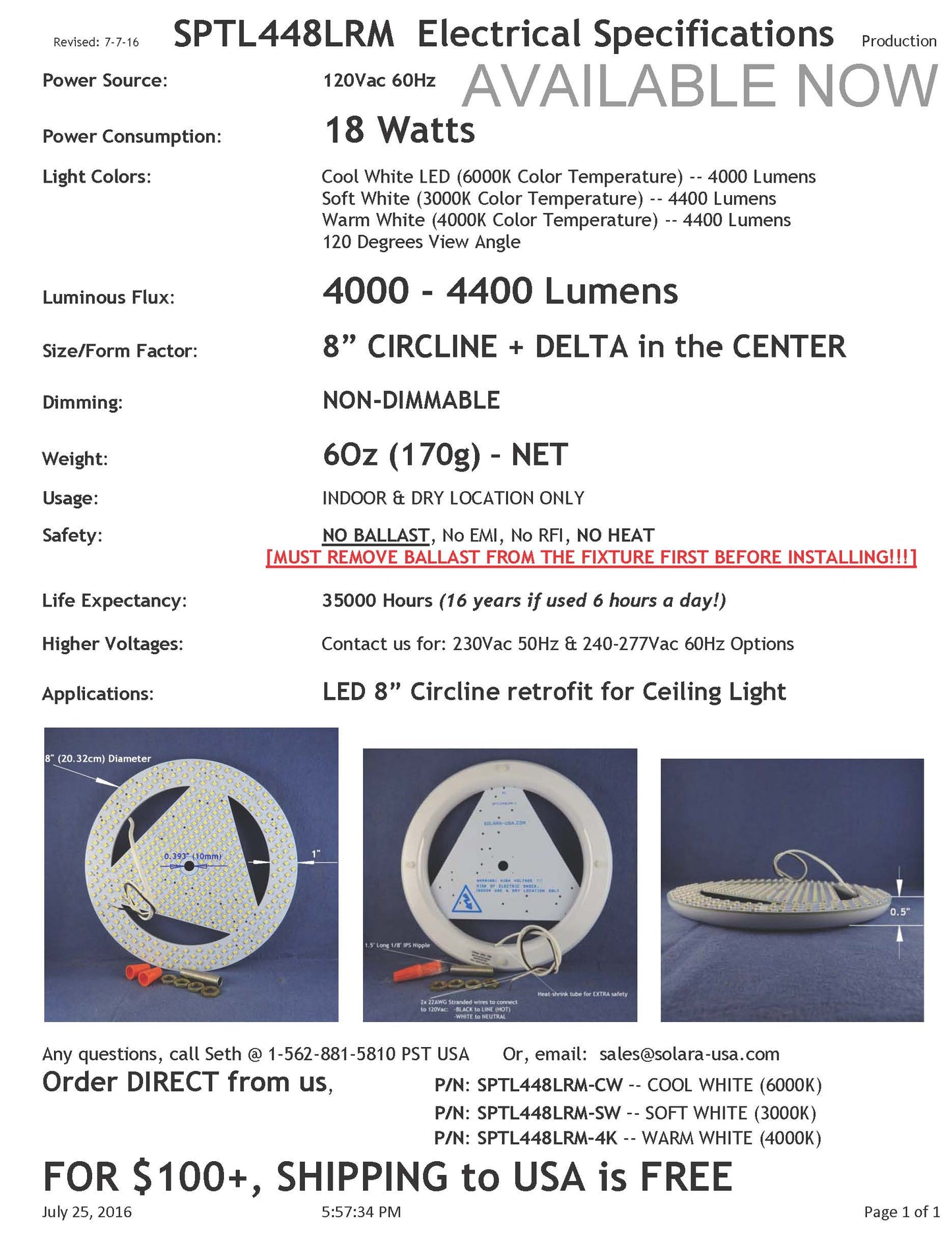 SOLARA-USA Extremely BRIGHT 4200-lumen 8" LED Circline for Ceiling Light, Ceiling Fan Light, P/N: SPTL448LRM-COLOR