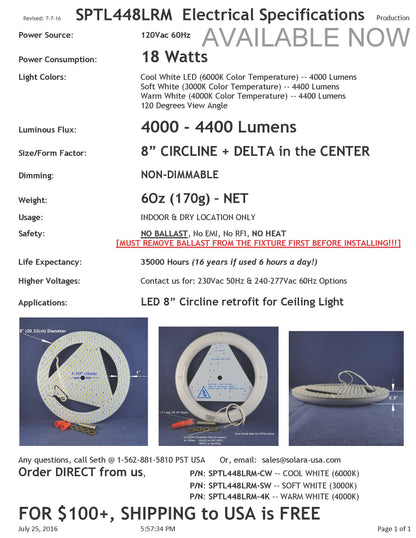 SOLARA-USA Extremely BRIGHT 4200-lumen 8" LED Circline for Ceiling Light, Ceiling Fan Light, P/N: SPTL448LRM-COLOR