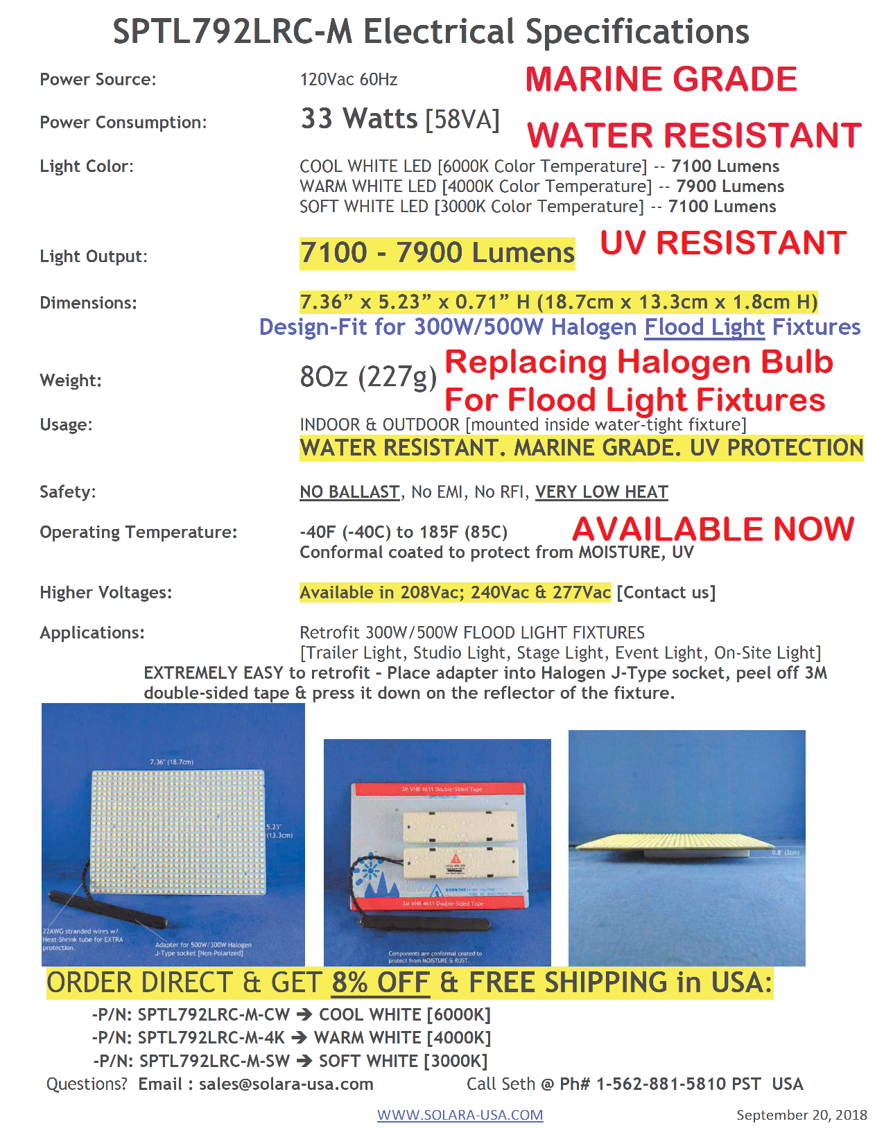 7000lm LED Panel Replacement for Halogen Bulb in Flood Light Fixtures, P/N: SPTL792LRC-M-COLOR
