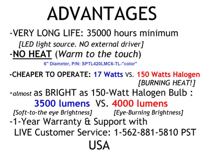 6" Diameter, 4000-Lumen LED Disc for Conversion from Halogen-Bulb Torchiere Floor Lamp, P/N: SPTL-420LMC6-TL-COLOR